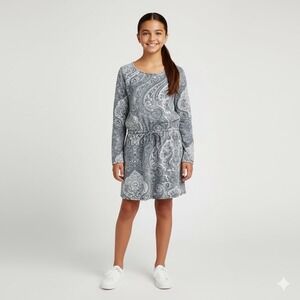 Ralph Lauren Dress Girls Size Medium Paisley Floral Long Sleeves Navy Blue White